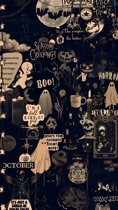 a black and white photo with lots of halloween related items Halloween Spooky Grunge Custom Dark Halloween Aesthetic Iphone, Black Halloween, Halloween Iphone Backgrounds,