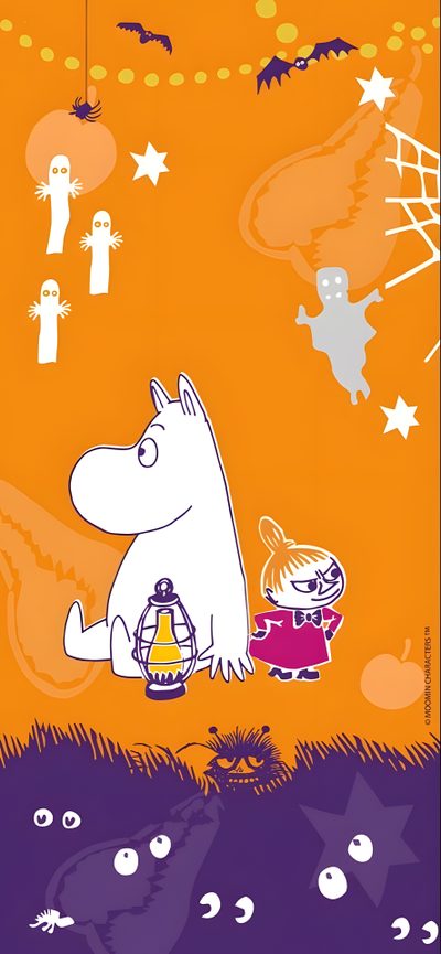 a poster with an image of a hippo in the background and ghost's around Moomin Halloween Moomin Fall, Moomin Halloween, Moomin Christmas, Moomin Autumn, Moomin Pumpkin, goldenrod