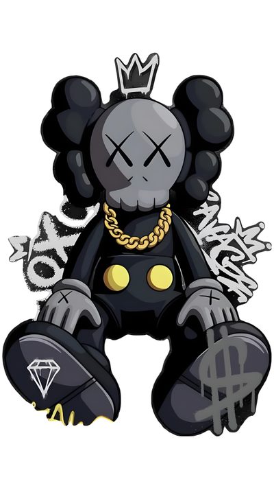 a black teddy bear with a crown on it's head and some gold chains around its neck Halloween Kaws Vintage Futurism, Metal Posters, Artist Custom, White Spray Paint, Poster Prints, light gray