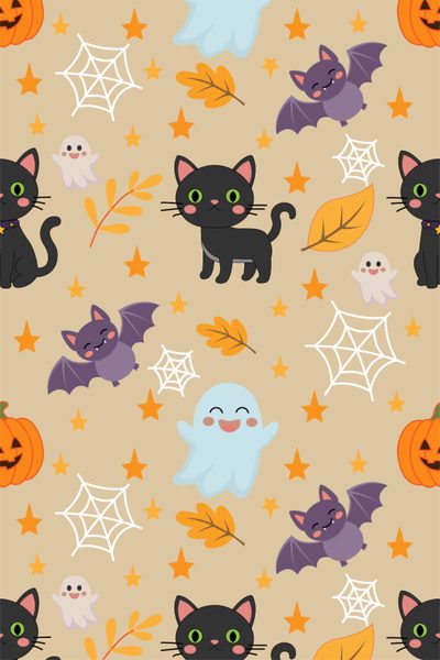 halloween seamless wallpaper with cats and bats Halloween Cats Bats Owls Spiders Sm Fall Fabric, Ghost Cat, Halloween Backgrounds, Nursery, burlywood