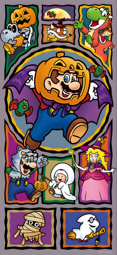 an image of a cartoon character with many other characters in the background, including pumpkins and Halloween Mario Mario Fall, Mario 3 Artwork, Mario Halloween Background, Halloween Mario, gray