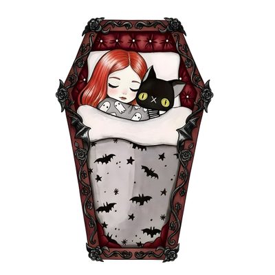 a drawing of a girl and her cat sleeping in a bed with bats on it Cute Halloween Coffin Coffin Cartoon Drawing, Cute Coffin Drawing For Kids, Coffin Pictures Drawings, snow