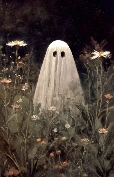 a painting of a ghost in a field of flowers Halloween Ghost Ghost Light Painting, Spooky Ghosts, Spring Ghost, Cute Ghost Aesthetic, dark slate gray