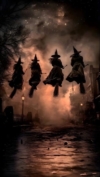 three witches flying through the air on brooms Wicked Halloween Witches Cauldron Over Fire, Witches On A Broom, Victorian Halloween Images, dark slate gray