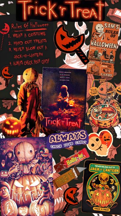 various halloween stickers and decals on a black background with the words trick'n treat Halloween Sam Sam From Trick Or Treat, Background Trick R Treat, Trick R Treat Sam Iphone, saddle brown