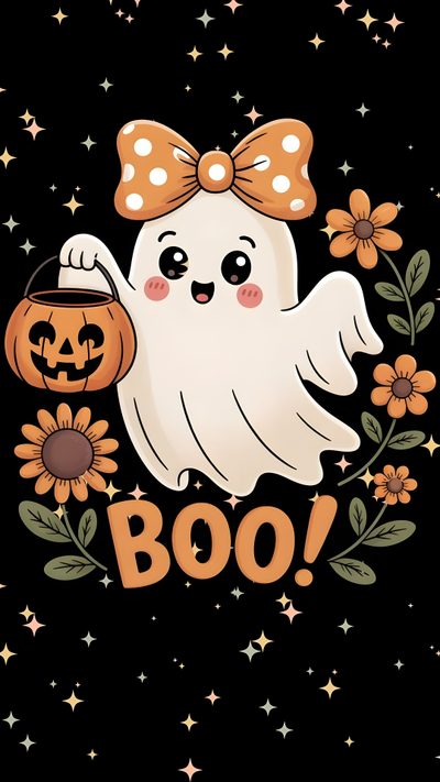a cartoon ghost with a pumpkin in its hand and the words boo written on it Cute Halloween Boo Cute Halloween, Girly Halloween, Halloween Images Cute, Cute Halloween Iphone, black