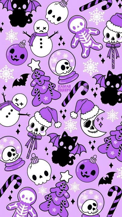 purple and black halloween themed wallpaper with skulls, snowmen, skeletons and candy canes Cute Halloween Christmas Gothmas, Cute Emo Christmas, Gothic Christmas Phone, Goth Christmas Iphone, plum