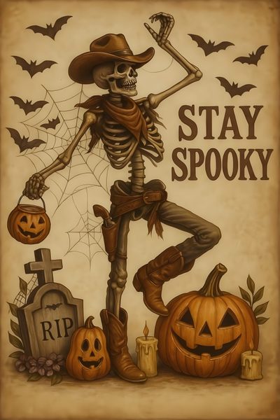 a skeleton in a cowboy hat and boots standing next to pumpkins with the words stay spooky on it Western Halloween Halloween Western, Halloween Items, Cowboy Halloween Aesthetic, Holidays Halloween, peru