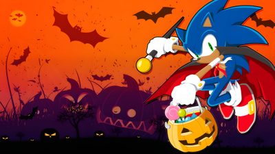 sonic the hedgehog in a halloween scene with pumpkins and bats behind him, on an orange background Shadow The Hedgehog Halloween Sonic The Hedgehog Halloween, Sonic Mania Halloween, Halloween Sonic Background, sienna