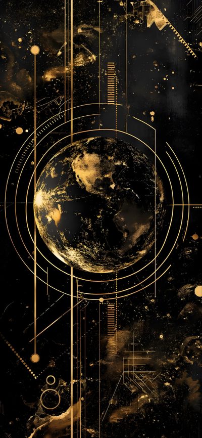 the earth is surrounded by golden lines and circles on black paper with gold foiling Black And Gold Halloween Golden Desktop, Black Gold, Gold And Black Star, Geographical,