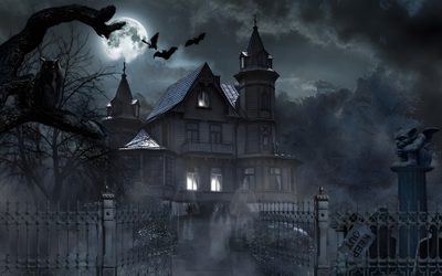 a creepy house with bats flying over it Scary Halloween For Computer Spooky House For Laptop, Scary Mansion, Gothic Mansion Hd, dark slate gray
