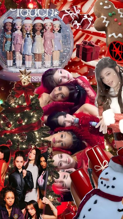 a collage of girls with christmas decorations and snowmen in the background, including an ornament Katseye Halloween Katseye Winter, Katseye Christmas, Christmas Katseye Ipad, Yoonchae Christmas, sienna