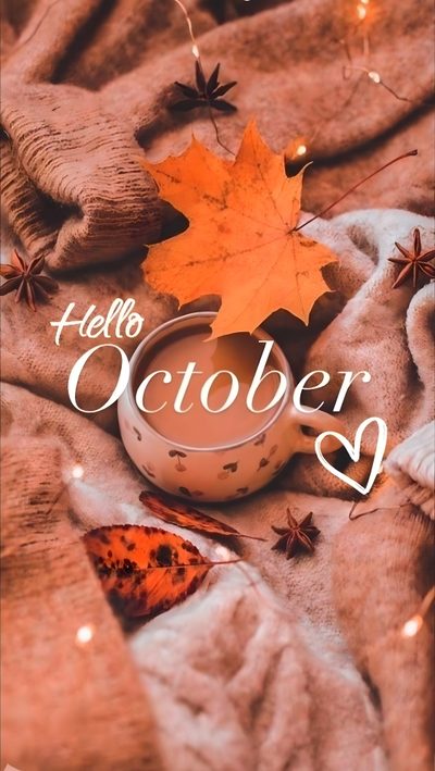 the cover of hello october is shown with an orange maple leaf on top of it Halloween Hello October Hello October Images, October Images, New Month Wishes, October, indian red