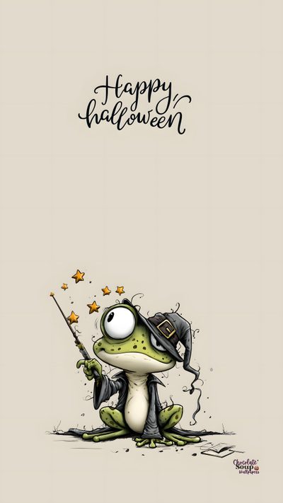 a cartoon frog holding a wand and wearing a witches hat with the words happy halloween on it Frog Halloween Frog, Halloween Chocolate, Halloween 1, Halloween Drawings, Halloween Illustration, light gray