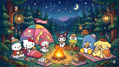 an image of hello kitty camping in the woods Sanrio Halloween Laptop Hello Kitty Hd, Emoji Stickers Iphone, Hello Kitty Aesthetic, dark slate gray