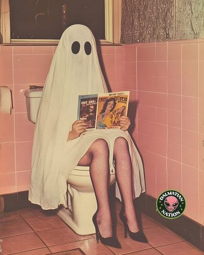 a woman sitting on a toilet reading a magazine with a ghost costume over her head Halloween Bathroom Funny Ghost Photoshoot, Ghost Reading Comics In Bathroom, Halloween Costume Ideas, rosy brown