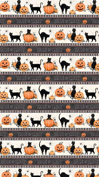 a halloween themed wallpaper with cats and pumpkins Halloween Cat Stripes Halloween Cats Small Fabric, Striped Halloween Fabric Pattern, Black Cats And Pumpkins Fabric, rosy brown