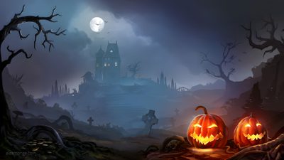 two jack o lantern pumpkins in front of a spooky castle Halloween 1920x1080 Hd Halloween Landscape, Halloween Environment, Halloween Backgrounds Landscape, dark slate gray