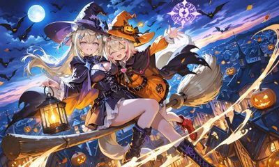 two women dressed as witches on a halloween night with bats and pumpkins in the background Anime Halloween Desktop Art Inspiration Drawing, Fond D'ecran Dessin, Art Inspiration, Halloween, dim gray