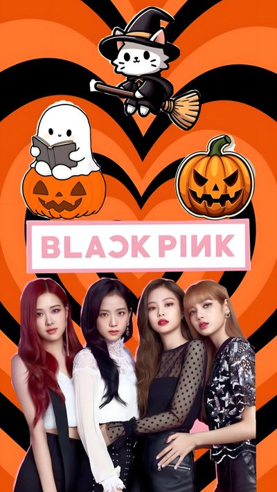 blackpink's halloween poster with pumpkins and ghost faces on an orange background Halloween Blackpink Halloween, chocolate