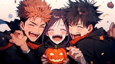 two anime characters with pumpkins in their hands and one has his eyes open while the other Jujustu Kaisen Halloween 1920x1080 Little Megumi And Gojo, Jjk Trio Manga, Jujutsu Kaisen Trio Fanart, dark olive green