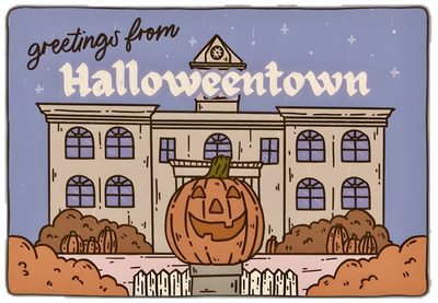 an image of a halloween pumpkin in front of a building with the words greetings from hallowertown Halloweentown Pumpkin Halloween Town Banner, Halloweentown Poster, Halloweentown Backgrounds, light slate gray