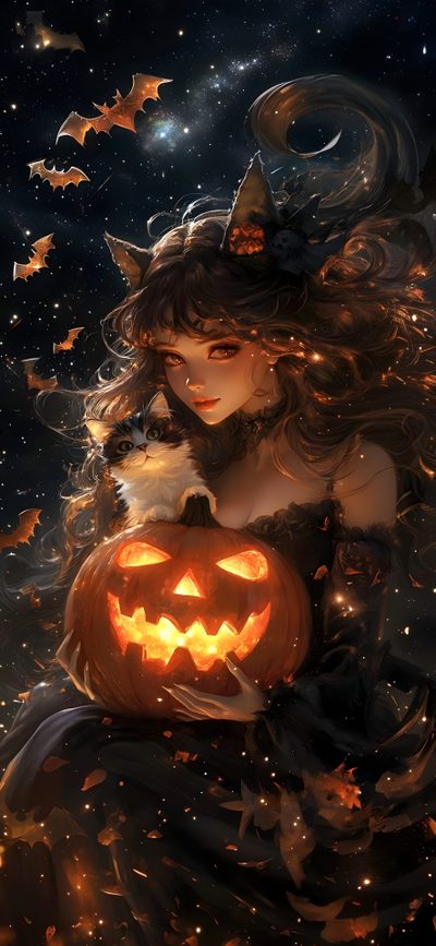 a woman holding a pumpkin in her hands with bats flying around it and the sky filled with stars Halloween Girl Images Kawaii, Halloween Iphone, Neko Girl, Latest Mehndi Designs, Witchy Woman, black