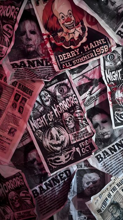 many different types of paper with clown faces on them, all in black and white Aesthetic Halloween Horror Creepshow Background, Spooky Background Aesthetic, Cool Horror Movie, dark slate gray