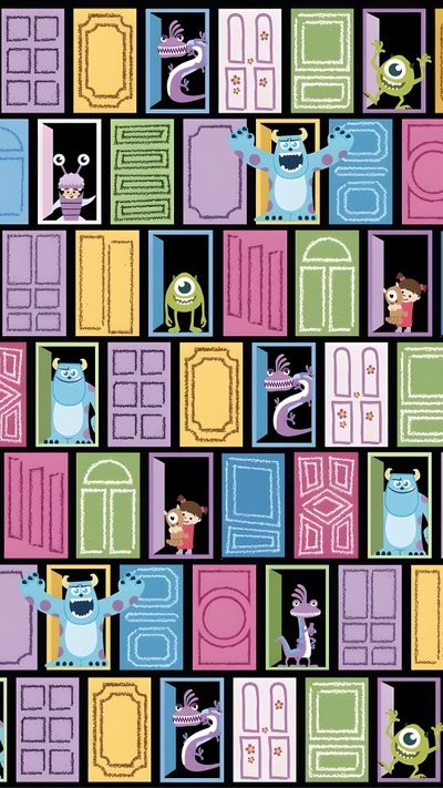 an image of cartoon characters in front of doors with monsters and cats on the door Monsters Inc Halloween Monster Inc Background, Monsters Inc Aesthetic, Monsters Inc Doors Background, Up, gray
