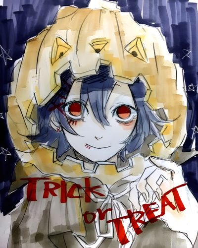 a drawing of a girl with red eyes and an orange pumpkin on her head that says, trick or treat Suzu Halloween Juzuu Suzuya, Suzu Halloween, Tokyo Ghoul Halloween, Tokyo Ghoul Halloween Pfp, rosy brown