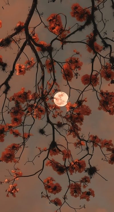 the full moon is seen through some red flowers on a tree branch in front of a cloudy sky Aesthetic Halloween Flower Halloween Iphone, Halloween, Estetika, Fall Background, Cute Simple, dim gray