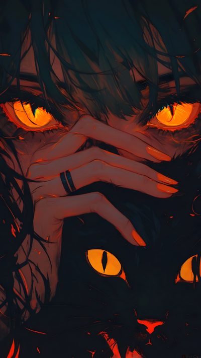 an image of a woman with her hands on her face and eyes glowing in the background Dark Halloween Anime Anime Halloween Aesthetic, Black Cat Eyes Art, Cat Eyes Art, Crazy Cat Art,