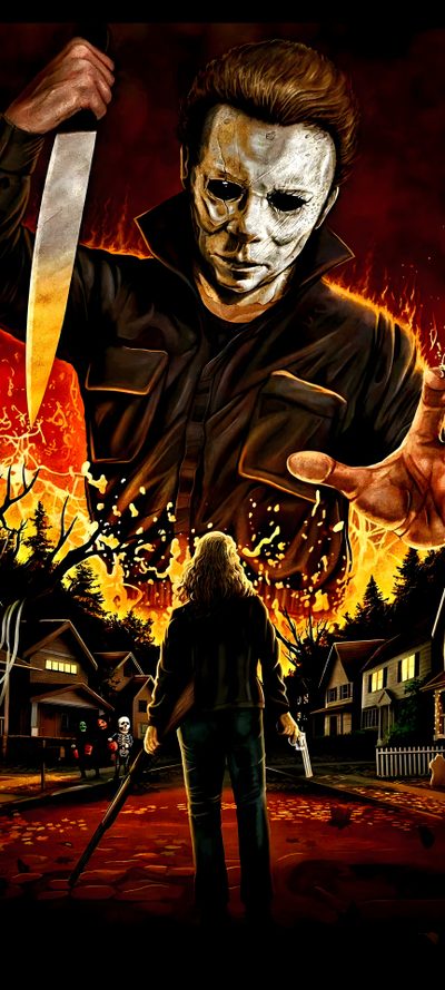 a painting of a man holding a knife in front of a house with flames coming out of it Michel Myers Halloween Iphone Horror Movie Icons, Film, Pencak Silat, Halloween Franchise, Film Horror, black
