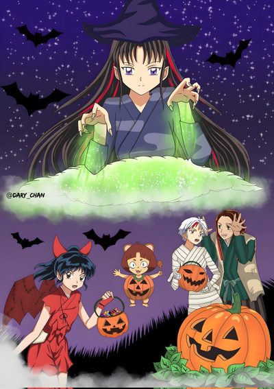 two anime characters with pumpkins and bats in the background, one is wearing a witches costume Inuyasha Halloween Inuyasha Halloween, Inuyasha Happy New Year, Setsuna Demon Form, dim gray