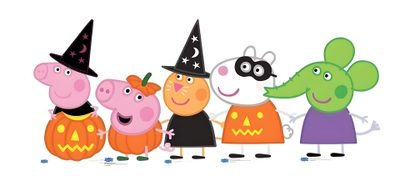 peppa pig family with pumpkins and witches on their heads, all dressed up in halloween costumes Peppa Pig Halloween Mummy Sheep Peppa Pig, Peppa Halloween Png, Halloween Themes, Pig Halloween, white