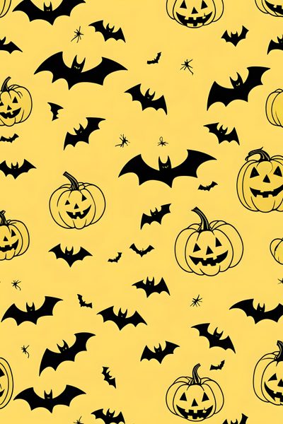 halloween pumpkins and bats on a yellow background with black outline art for wallpaper Cute Yellow Halloween Tiny Spiders, Bat Flying, Glow Pumpkin, Bat Pattern, Halloween Inspo, khaki