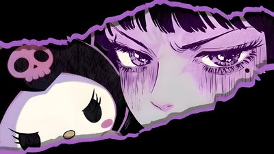 an image of a woman with her eyes closed next to a panda bear and skull Desktop Kuromi Halloween Desktop Kuromi Windows, Purple Desktop 1920x1080, Desktop Hd Dark, dark slate gray