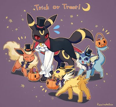a group of cartoon cats standing next to each other on top of a purple background Eevee Evolutions Halloween Glaceon Halloween, Halloween Umbreon, Jolteon Halloween, dim gray