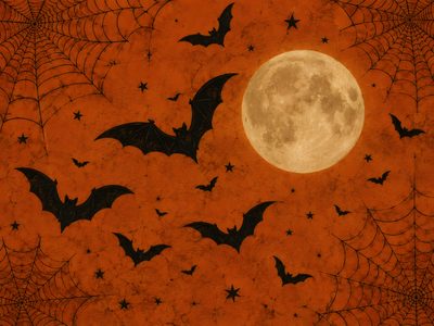 bats flying in front of a full moon with spider webs on the bottom and orange background Halloween Bat Silhouettes Retro Bats Halloween, Vintage Halloween, Bat Aesthetic, saddle brown