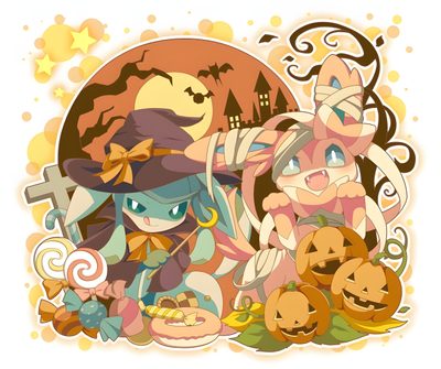 some cartoon characters with pumpkins in front of them Eevee Evolutions Halloween Halloween Vaporeon, Ghost Type Pokemon, Ghost Type, Pokemon Eeveelutions, khaki