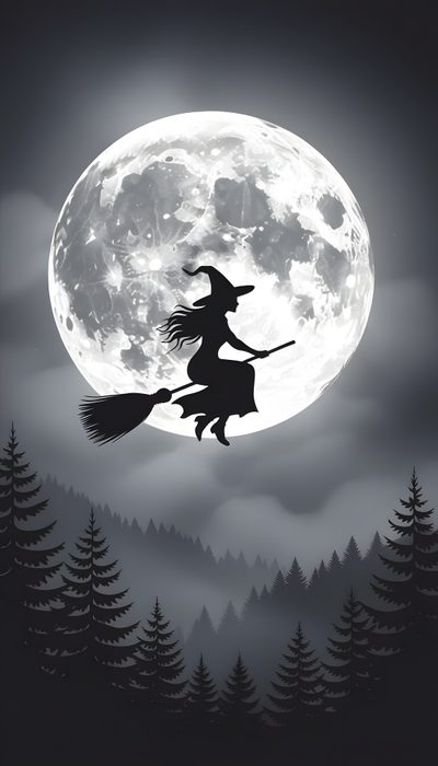 a black and white image of a witch flying in front of the moon Halloween Witch For Bedroom Witches, Eevee, Happy Halloween Pictures, Witch, Digital Art Gallery, dim gray