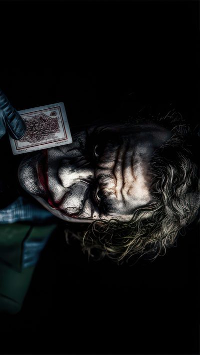 a man with long hair wearing a clown mask and holding a card in his hand Juvea Halloween 4k Joker Laptop, Dark Knight, Heath Ledger Joker Quotes, Wolverine Comic Art, 2k, black