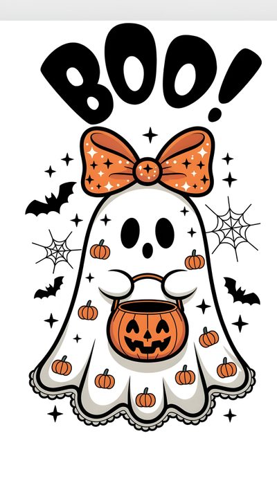a halloween ghost with a bow on its head and pumpkins around it's neck Cute Halloween Boo Halloween Images Cute, Cute Happy Halloween Images, Kawaii Ghost, white