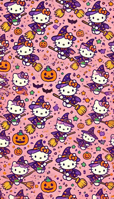 hello kitty halloween wallpaper with pumpkins, cats and witches on pink background for walls Purple Hello Kitty Halloween Of Hello Kitty Halloween, Hello Kitty Halloween Phone, Hello Kitty Halloween, light pink
