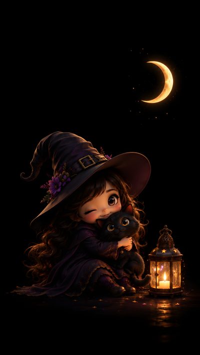 Cute chibi witch girl hugging a black cat beside a glowing lantern under a crescent moon on a dark fantasy background. Halloween Cute Girl Green Witch, Girls Cuddling, Witch Girl, Cute Black Cats, Magic Spells, Witch Hat,