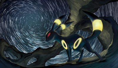 two black cats standing next to each other in front of a star filled night sky Umbreon Halloween 1920x1080 Dark Eeveelution, Nighttime Pokemon Scene, Pokemon Fan Art Inspiration, dark slate gray