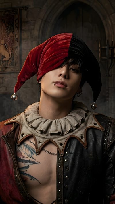 a man with tattoos wearing a red hat and leather jacket, standing in front of a wall Jungkook Halloween King Jungkook, Jungkook Prince, Jungkook Angel, Jungkook Spiderman, Jungkook Mafia, black