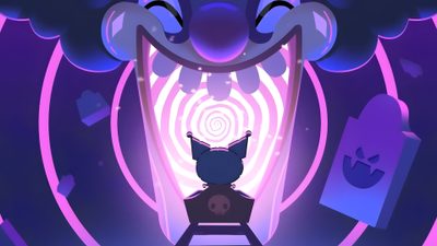 a cartoon character standing in front of a purple background with an evil looking animal on it's head Kuromi Halloween Desktop Kuromi Live Pc, Kuromi Background Pc, Kuromi Purple Laptop, dark slate blue