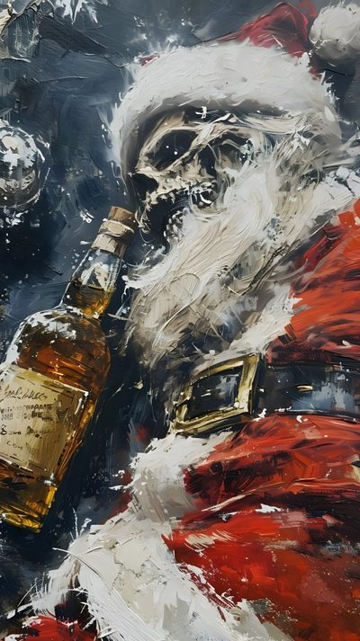 a painting of santa claus holding a bottle Halloween Santa Claus Christmas Horror, Creepy Christmas, Dark Christmas, Bad Santa, dim gray