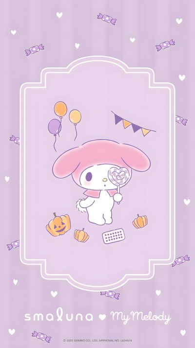 an animal with a pink hat and some balloons My Melody Halloween My Melody Halloween, My Melody Halloween Background, My Melody Purple, thistle